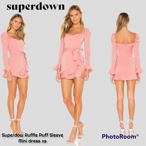 Superdown Blush Khloe Ruffle Puff Sleeve Mini tie Dress whimsical Feminine xs